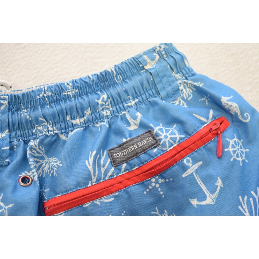 Southern Marsh Swim Trunks Mens XS‎ Blue Nautical Anchor Coral Board Shorts EUC